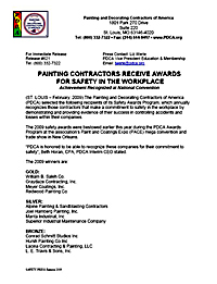 National Painting and Decorating Contractors of America (PDCA) News Release; “Painting Contractors Receive Awards for Safety in the Work Place
